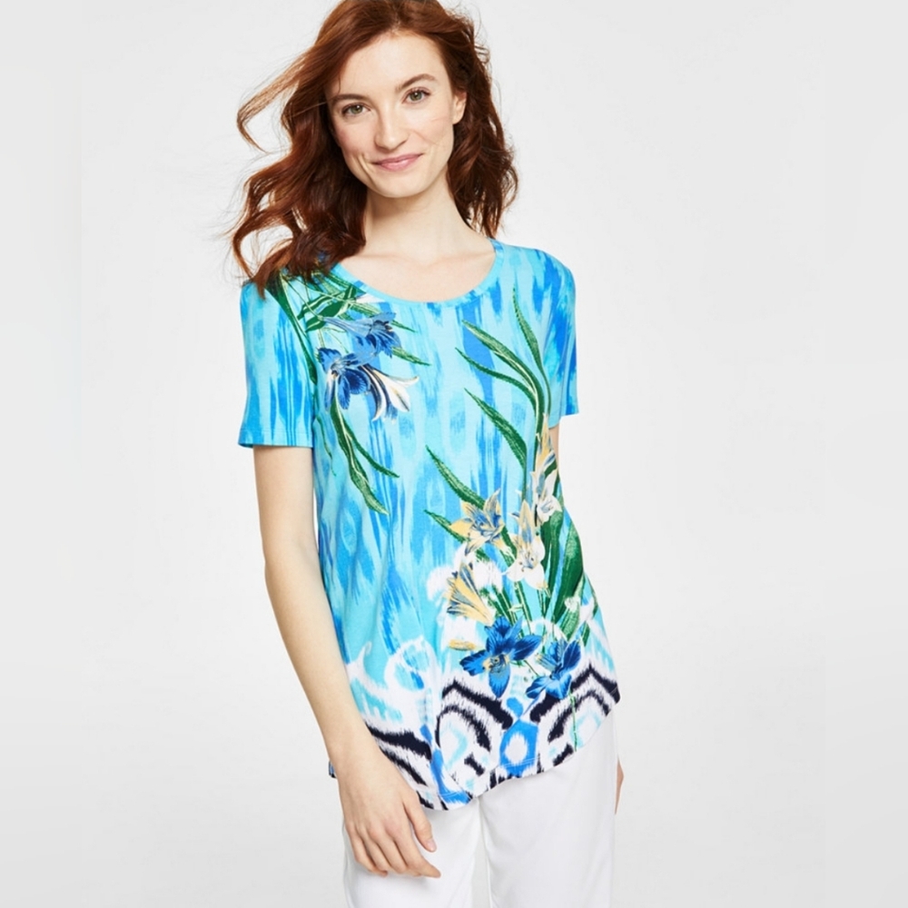 NWOT JM Collection Women's Palm-Print Ikat Short-Sleeve Top
